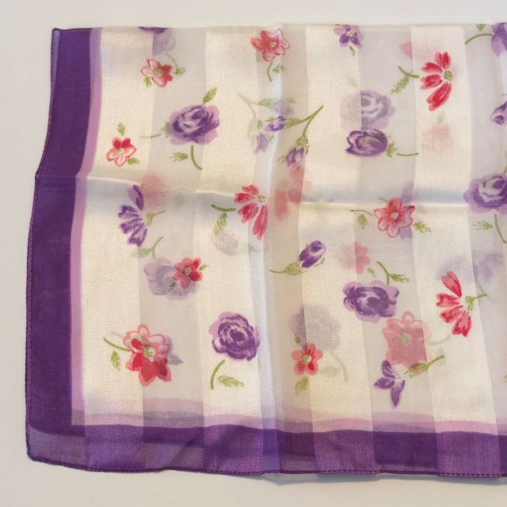 Vintage Italian Floral Square Scarf Purple Pink Rose White Stripe Cottagecore